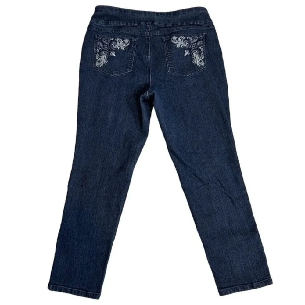 Denim & Co Womens Jeans Size 14 Dark Wash Straight Leg Floral Embroidered Pocket